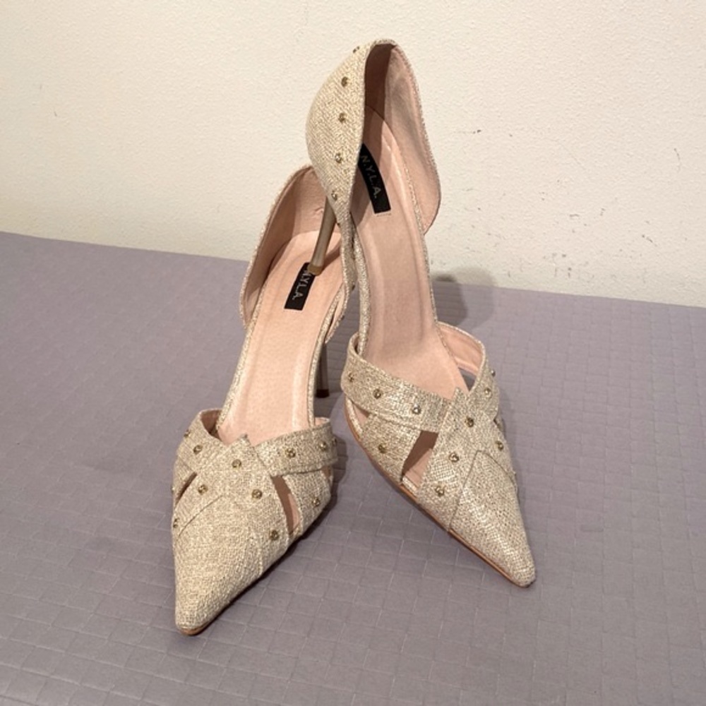 N.Y.L.A. Holiday metallic glitter linen rhinestone studs d’orsay cutout heels 10